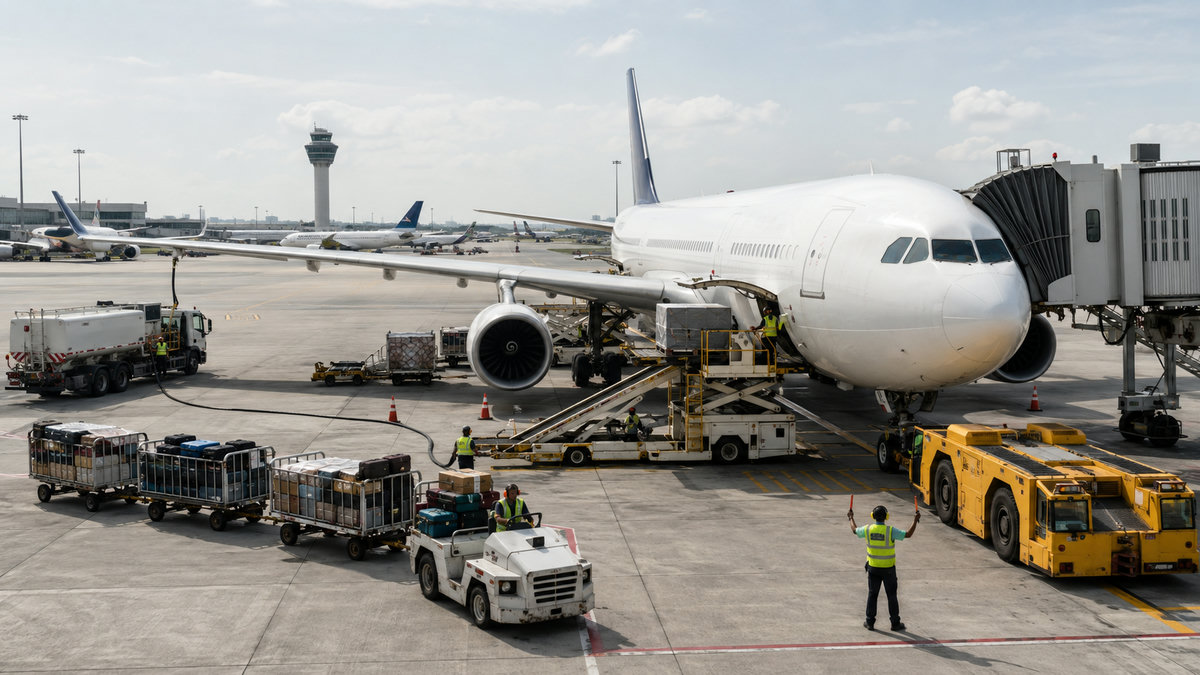 Airport ground operations — aircraft being loaded and prepared