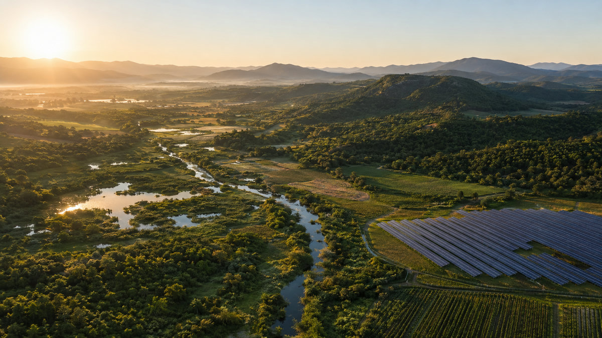 Aerial view of solar farm in lush landscape at golden hour — impact investing